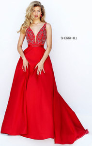 Sherri Hill 50233 Beaded Patterned 2016 Long Satin Prom Dresses Red Plunging V Neckline