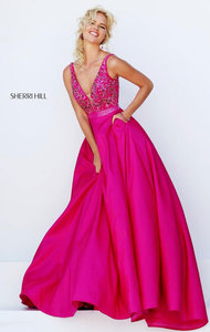Plunging V Neckline 2016 Fuchsia Beaded Patterned Sherri Hill 50233 Long Satin Evening Dresses