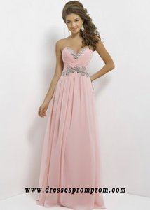 Pink Pleated Strapless Crystals Beaded Bust Long Chiffon Dress