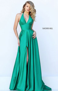 Plunging V Halter Neck Sherri Hill 50403 Open Back Emerald 2017 Satin Long Slit Evening Gown