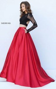 Two Piece Lace Long Sleeves Sherri Hill 50357 Open Back Black/Red Long Satin Evening Dresses 2016