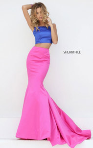 2017 Two Piece Sherri Hill 50466 Sleeveless Royal/Fuchsia Slim Straps Square Neckline Long Satin Prom Dresses