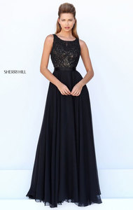 Boat Neckline Black Beaded Patterned 2016 Keyhole Open Back Long Chiffon Prom Dresses