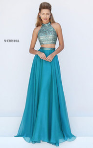 High Neck Two Piece Beaded Patterned 2016 Jade Keyhole Open Back Long Chiffon Evening Gown