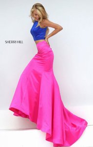 2016 Cutout Bateau Neckline Royal/Fuchsia Two Piece Sleeveless Long Satin Evening Dresses