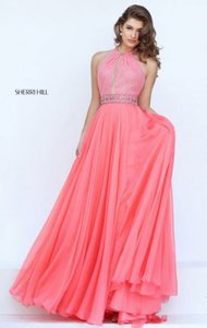 2017 Halter Neckline Coral Beaded Cutout Open Back Pleated Long Chiffon Prom Dresses