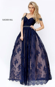 Sweetheart Neckline Lace Applique Beaded Embellishments Navy Open Back 2017 Sherri Hill 50595 Long Prom Dresses