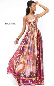 2017 Plunging V Neckline Purple/Gold/Multi Printed Sleeveless Long Silk Prom Dresses
