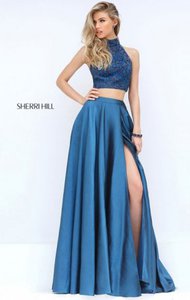 Two Piece Halter High Neckline Navy Sleeveless Beaded Patterned 2017 Slit Long Satin Evening Dresses