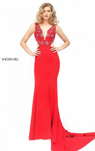 2016 Sherri Hill 50202 Sleeveless Red Plunging V Neckline Beaded Embellishments Cutout Long Ruffled Prom Dresses