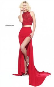 2017 Red Stones Sherri Hill 50805 Cutout Slim Halter 2 PC Full-Length Dress