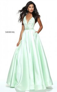 2017 Beaded Plunged Neck Light Green A-Line Prom Dress By Sherri Hill 50964