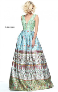 Cheap Green/Blue Printed Sherri Hill 51200 V-Neck Floral Prom Dress 2017