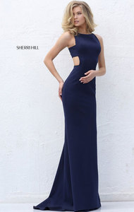 Open Back Cutout Navy Square Neckline Sherri Hill 50741 Sleeveless Long Jersey Evening Dresses 2017