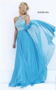 2016 Sherri Hill 11319 Turquoise Beaded Haltered Straps Slit Long Prom Dress