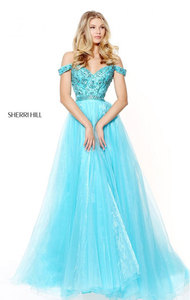 2017 Beaded Patterned Aqua Sweetheart Neckline Pleated Long Tulle Evening Dresses Sherri Hill 50832 Cap Sleeves