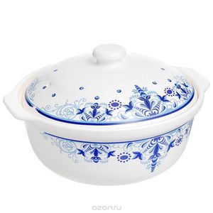 Кастрюля керамическая "Чудный вкус" с крышкой, цвет: белый, синий