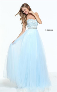 Sherri Hill 51045 Princess Strapless Lace Embellished Light Blue Prom Dress