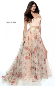 Two Piece Cap Sleeves Nude 2017 Long Organza Evening Dresses Sherri Hill 51214 Off The Shoulder Floral Printed