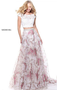 Beaded Embellishments Lace Cap Sleeves Ivory Two Piece Sherri Hill 51176 Printed Long Organza Evening Gown 2017