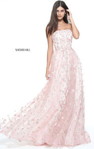 2017 Blush/Multi Lace Appliques Strapless Sherri Hill 51156 Straight Neckline Floral Embellishments Long Satin Evening Gown
