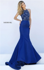 Sherri Hill 32349 High Neck Navy Stone Mermaid Style Prom Dress 2017