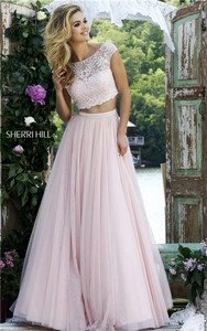 2 Piece Sherri Hill Style 50038 Jeweled Cheap Pink Evening Gown Long