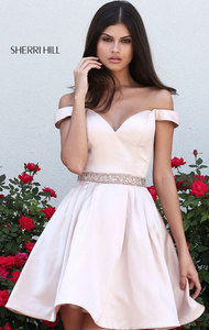 2017 Beaded Waistband Off-The-Shoulder Sherri Hill 50815 Nude Short Satin Party Dresses