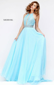 Cheapest Halter Neck Sherri Hill 50454 Beaded Waistband Light Blue Chiffon Long Pleated Prom Dress