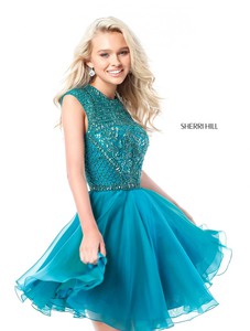 2017 Sherri Hill 51293 Chiffon A-Line Homecoming Dresses On Sale Jade Cap Sleeves Beaded Bodice