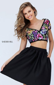 2017 Sherri Hill 50829 Black/Multi 2 Piece Beaded V Neck Applique Short Satin Prom Dresses