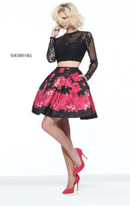 2017 Sherri Hill 51194 Black/Red Two Piece Lace Long Sleeves Floral Print Homecoming Dresses