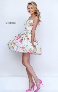 Sherri Hill 50116 Cheap Strapless Ivory/Pink Sweetheart Neck A-Line Floral Print Homecoming Dresses
