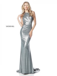 High Neck Gunmetal/Silver Sparkling Cutout Back Sherri Hill 51428 Long Fitted Evening Dresses Outlet