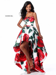 2018 Rose Pattern Sherri Hill 51816 Strapless Red A Line High Low Prom Dresses