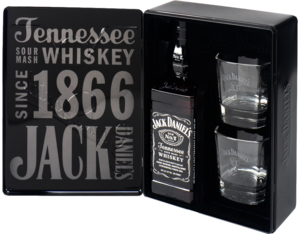 jack daniels в железной коробке с двумя бокалами