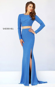 Scoop Neckline Blue Long Sleeves Sherri Hill 50077 Two Piece Keyhole Jeweled Embellishments 2016 Long Slit Prom Dresses