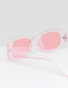 ASOS Small Square 90s Fashion Sunglasses In Cyrstal Pink With Coloured Pink Lens