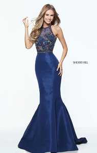 2017 Halter Neck Navy Beads Long Taffeta Mermaid Gown With Sherri Hill 50975