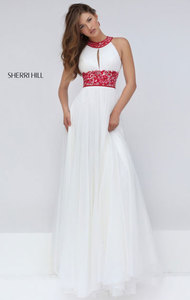 Beaded Patterned Open Back Ivory/Fuchsia Halter Neckline 2016 Sherri Hill 50150 Long Chiffon