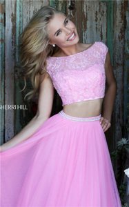 Cap Sleeve Sherri Hill 50038 Beaded 2 Piece Long Chiffon Prom Dresses Pink 2016