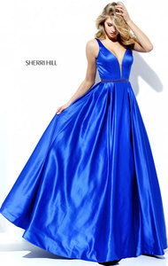 Open Back Sleeveless Sherri Hill 50496 Beaded Plunging V Neckline 2017 Royal A Line Long Satin Prom Dresses