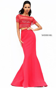 Beaded Embellishments Bateau Neckline Two Piece Red Short Sleeves Sherri Hill 50539 Long Satin Prom Dresses 2017