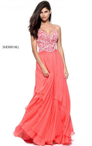 2017 Chiffon Beads Embroidered Coral Long Prom Dress By Sherri Hill 51079