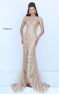 Lace Applique Sherri Hill 50177 Open Back Nude/Gold Cap Sleeves Bateau Neckline Long Slit Evening Dresses 2016