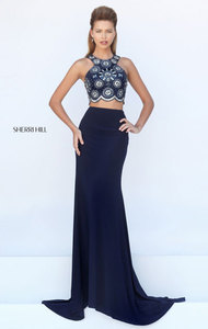 Two Piece Sherri Hill 50236 Embellished Beads High Neck Navy Fitted Prom Gown