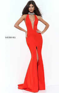 Orange Beaded Halter High Plunging V Neckline 2017 Open Back Long Slit Evening Gown Sherri Hill 50642