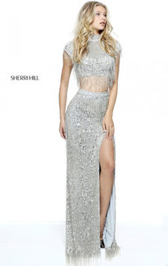 2 Piece Silver Beaded Sherri Hill 51220 High Neck Slit Long Fitted Dress 2017