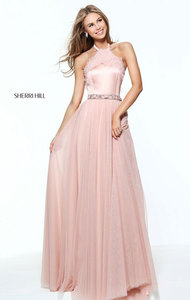 Embellished Sherri Hill 50999 Blush Halter Lace Open Back 2017 Prom Dress