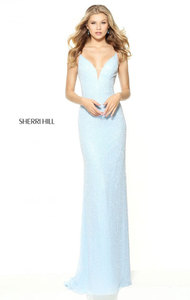 Fitted V-Neck Light Blue Beads Long Evening Dress By Sherri Hill 50860